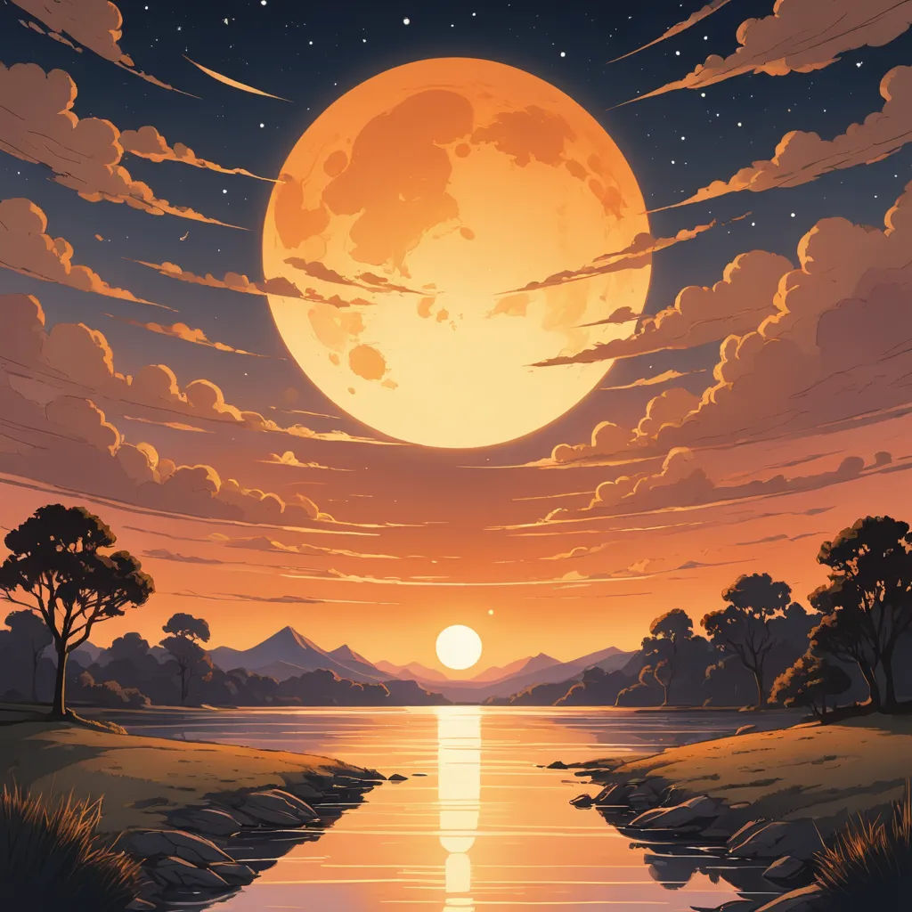 a painting of a sunset with a lake and trees in the foreground and a full moon in the background, space art, a detailed matte painting, Dan Mumford, full moon