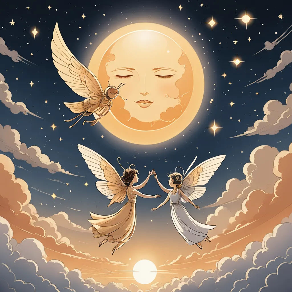 two angels flying in the sky with a full moon in the background and stars in the sky above them, fantasy art, a storybook illustration, Elinor Proby Adams, detailed illustration