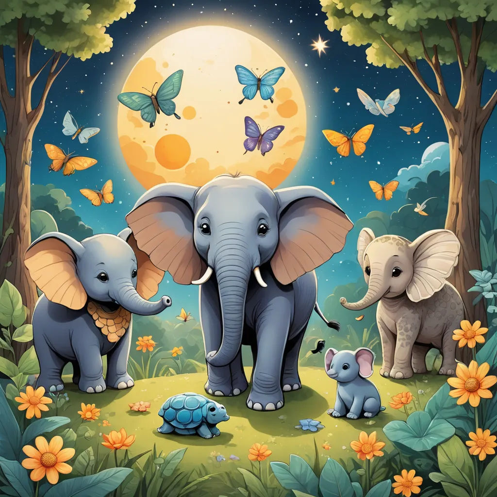 a group of elephants standing in a forest with a full moon in the background and butterflies flying around them, pop surrealism, a storybook illustration, Chris LaBrooy, highly detailed digital painting