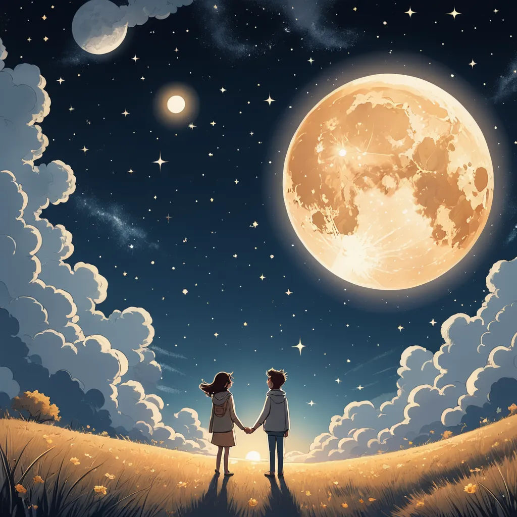 a couple holding hands under a full moon sky with stars and clouds in the background, with a field of grass and flowers in the foreground, neo-romanticism, a storybook illustration, Cyril Rolando, moon