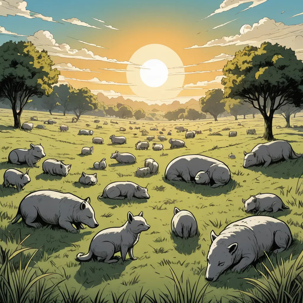a herd of sheep grazing on a lush green field under a sunset sky with clouds and trees in the background, rayonism, a storybook illustration, Asaf Hanuka, furaffinity