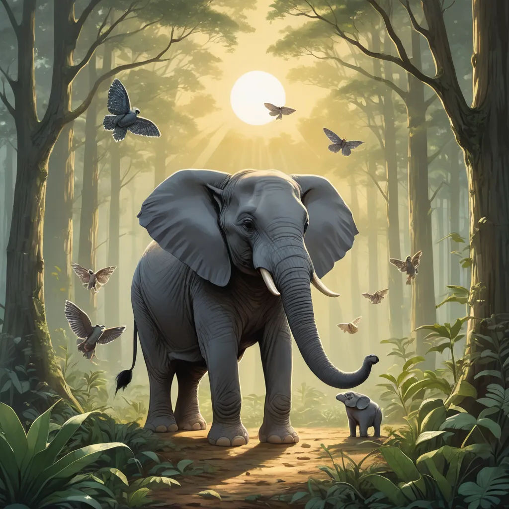 an elephant and its baby are walking through the woods with butterflies flying around them and a sun shining through the trees, magical realism, an airbrush painting, Chris LaBrooy, highly detailed digital painting