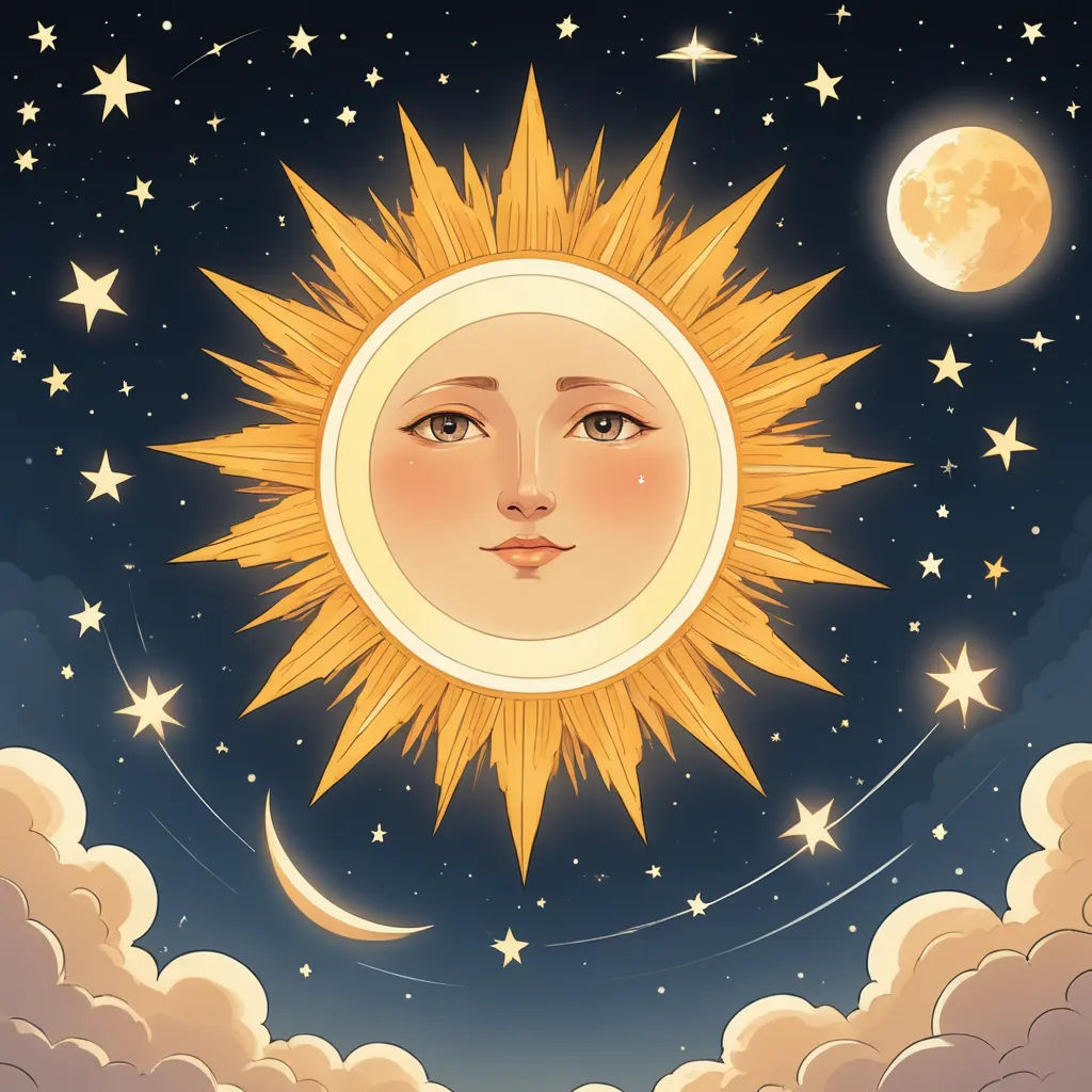 a painting of a sun and a moon in the sky with stars and clouds around it, with a blue sky with white clouds and a few stars, space art, a storybook illustration, amy sol, sun