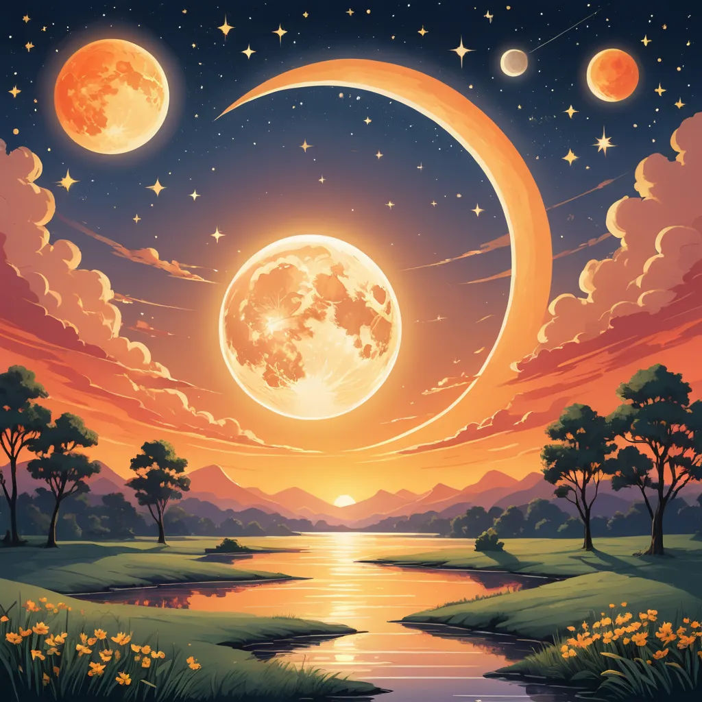 a painting of a sunset with a moon and stars above a river and trees with flowers in the foreground, space art, a detailed matte painting, Chris LaBrooy, moon
