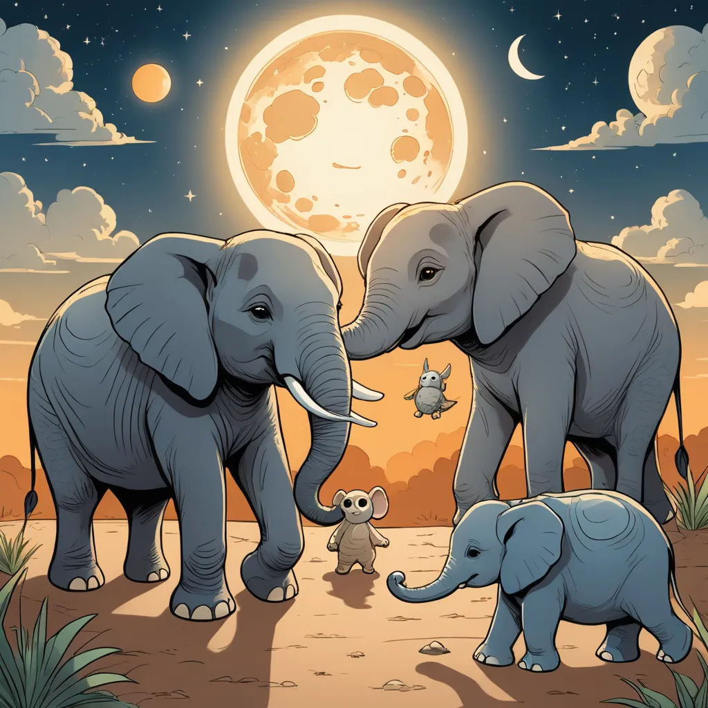 a couple of elephants standing next to each other on a field under a full moon sky with a baby elephant, pop surrealism, a storybook illustration, Chris LaBrooy, storybook illustration