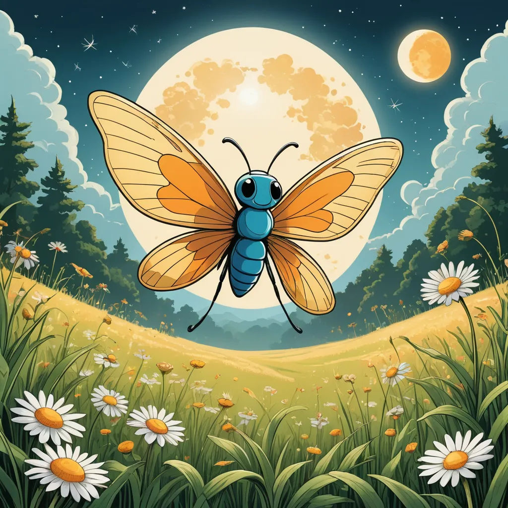 a blue and yellow insect is flying over a field of daisies and a full moon in the background, fantasy art, a storybook illustration, Dan Mumford, storybook illustration