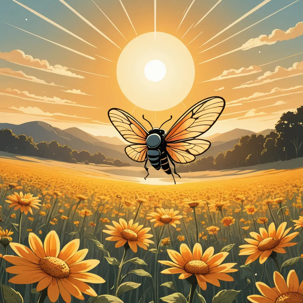a painting of a bee flying over a field of sunflowers with the sun setting in the background, psychedelic art, a storybook illustration, Dan Mumford, sun
