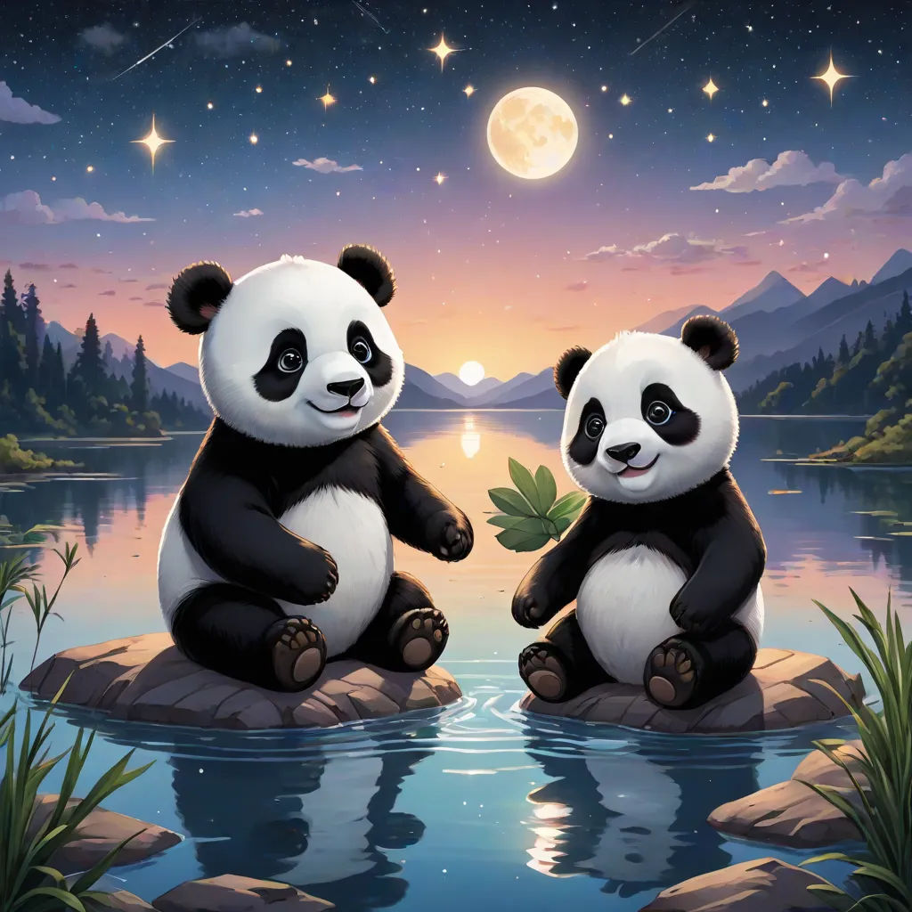 two panda bears sitting on rocks in the water at night with a full moon in the background and stars in the sky, official art, space art, a painting, Anne Stokes