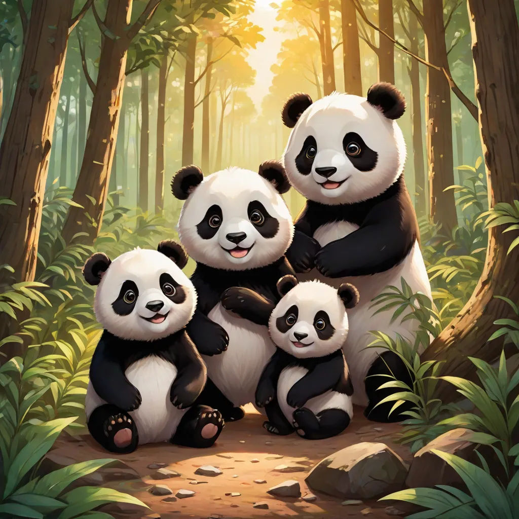 a group of panda bears sitting on top of a forest floor next to each other on a tree stump, official art, altermodern, a painting, Fan Qi