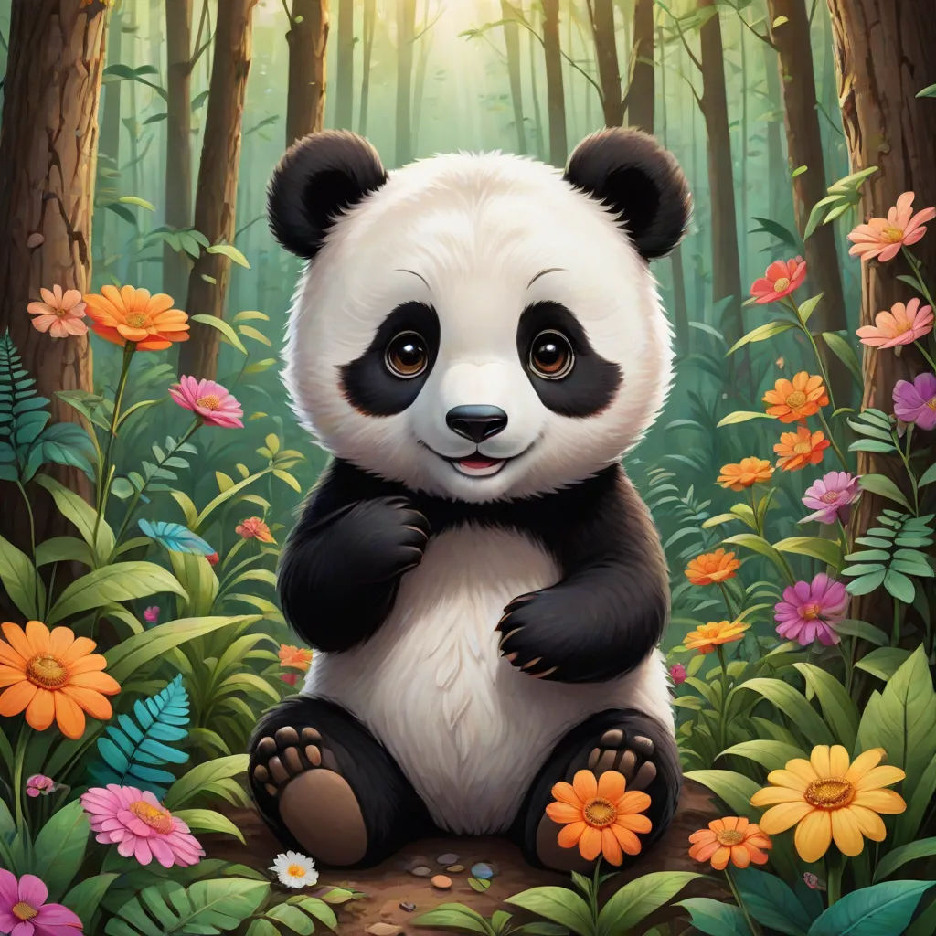 a panda bear sitting in the middle of a forest with flowers and trees around it, with the sun shining through the trees, official art, fantasy art, a digital painting, Chris LaBrooy