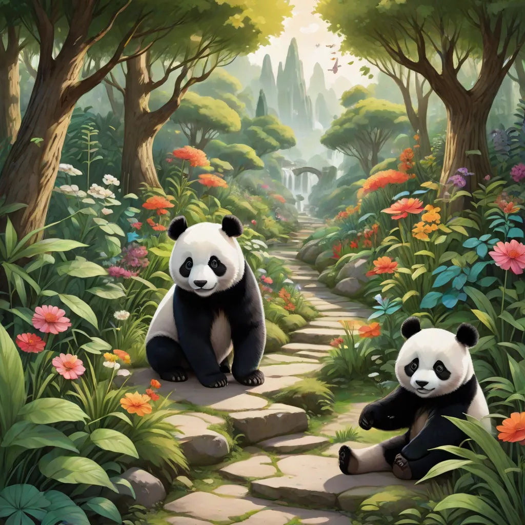 a panda bear sitting on a stone path in a forest with flowers and trees, and another panda bear standing on the path, official art, fantasy art, a painting, Chris LaBrooy