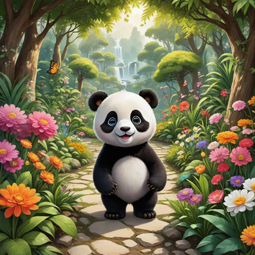 a panda bear is standing in a garden of flowers and trees with a butterfly flying overhead in the sky, official art, pop surrealism, a painting, Chris LaBrooy