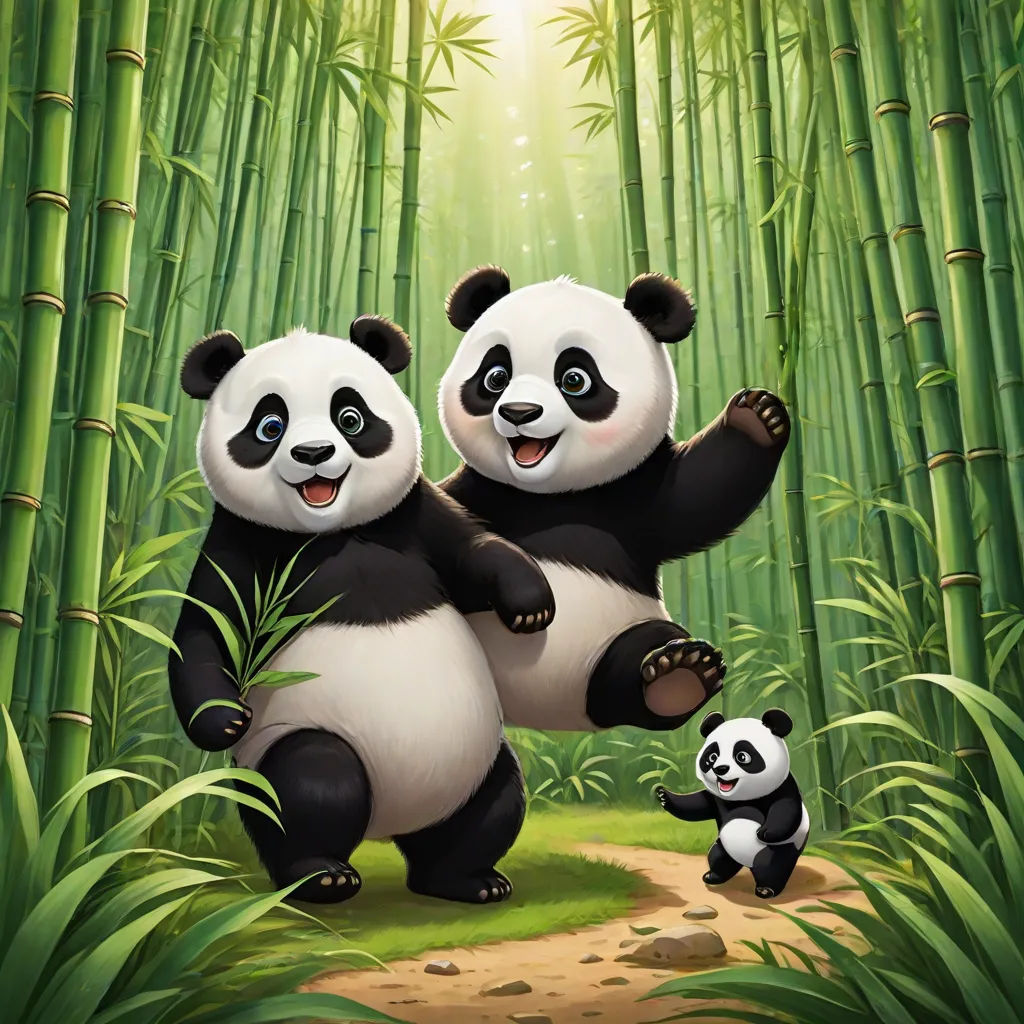 two pandas are standing in the bamboo forest and one is holding a bamboo plant and the other is holding a bamboo plant, official art, sots art, a digital painting, Ding Guanpeng