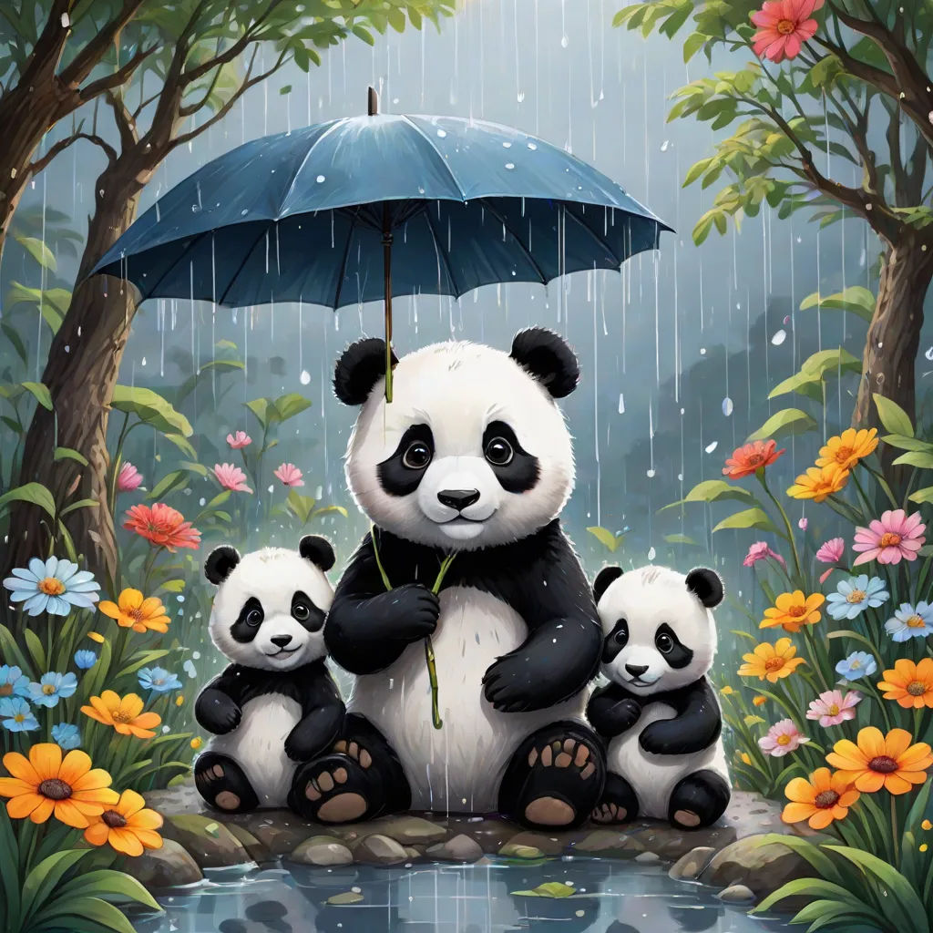 a painting of a panda bear with two cubs under an umbrella in the rain with flowers and trees around, rain, fantasy art, a storybook illustration, Anne Stokes