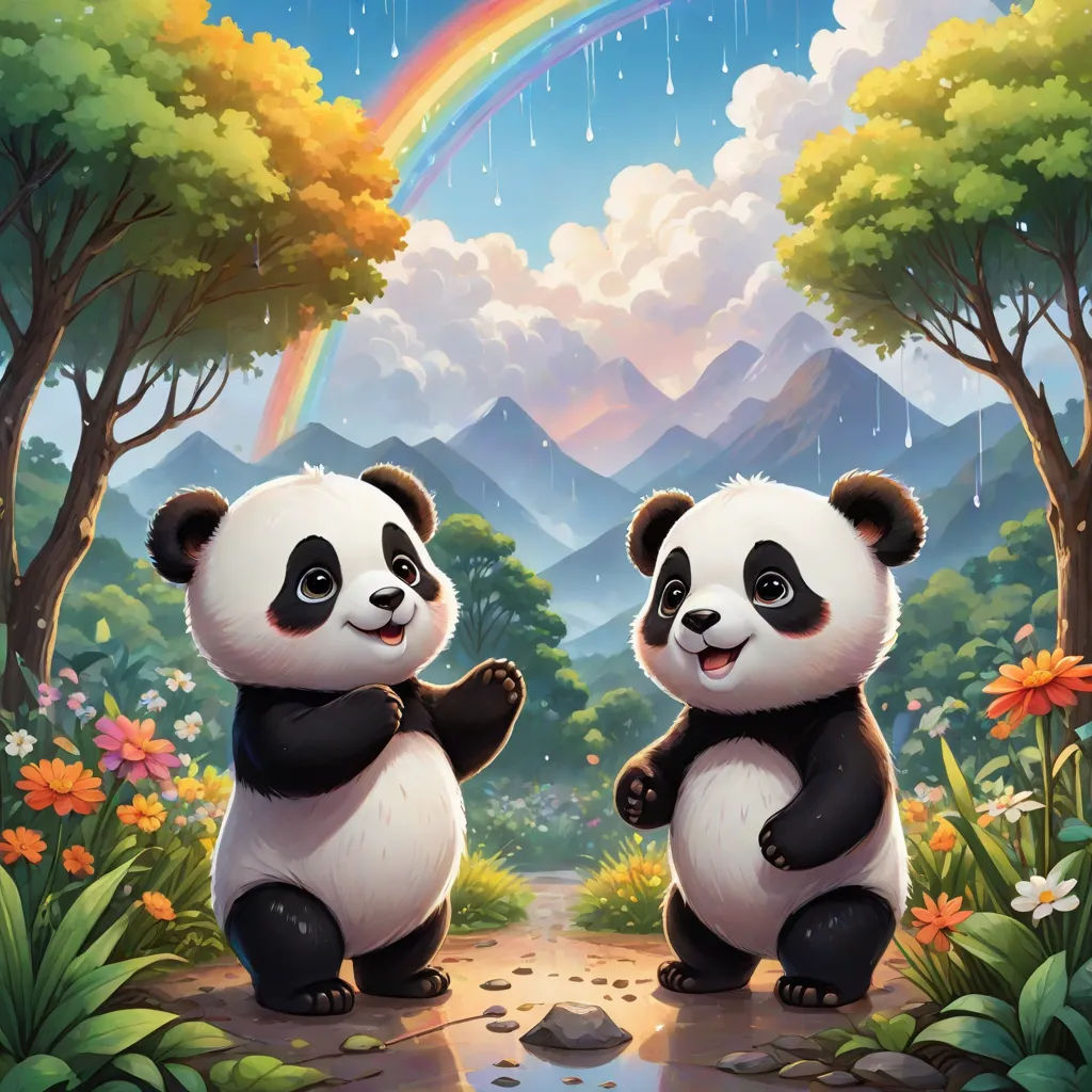 two panda bears are standing in the rain and a rainbow is in the sky above them, and a rainbow is in the background, official art, fantasy art, a painting, Chris LaBrooy