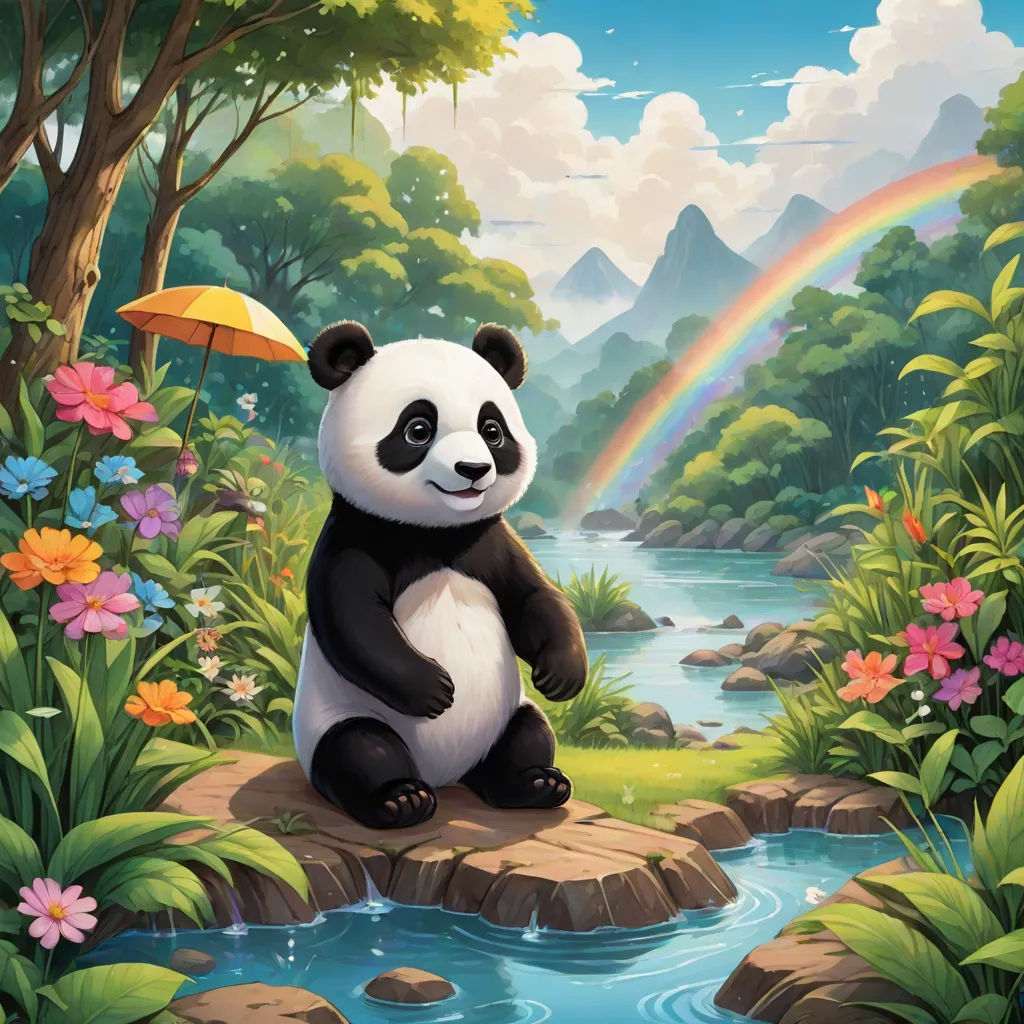 a panda bear sitting on a rock in a forest with a rainbow in the background and flowers and trees, official art, pop surrealism, a storybook illustration, Chris LaBrooy