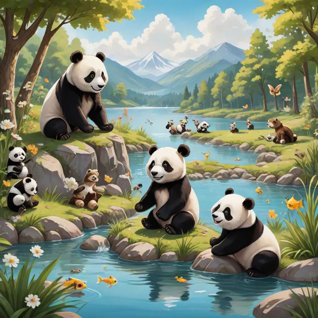 a painting of pandas playing by a river with a mountain in the background and a forest with flowers, highly detailed digital painting, naive art, a detailed painting, Chris LaBrooy