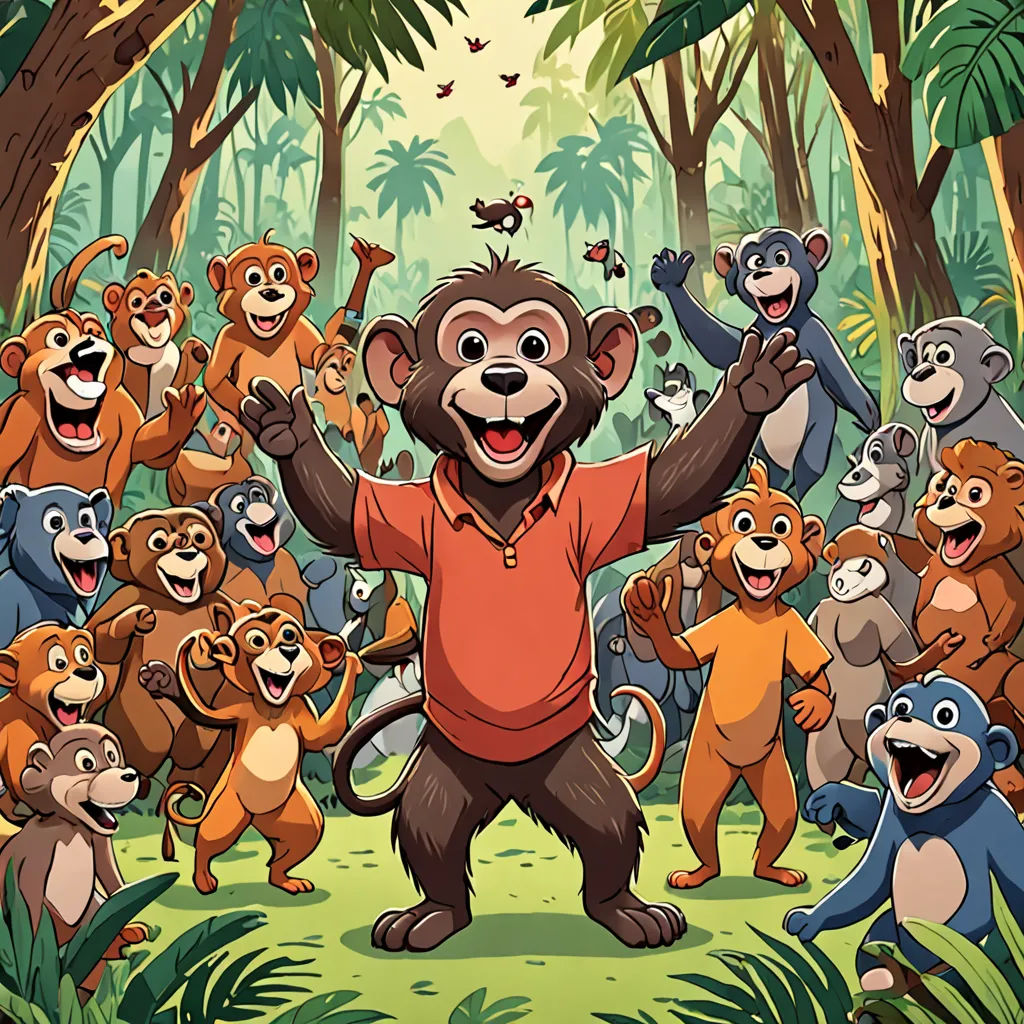a man standing in front of a group of monkeys in a forest with a monkey on his back and a monkey on his arm, sumatraism, a storybook illustration, Basuki Abdullah, promotional image