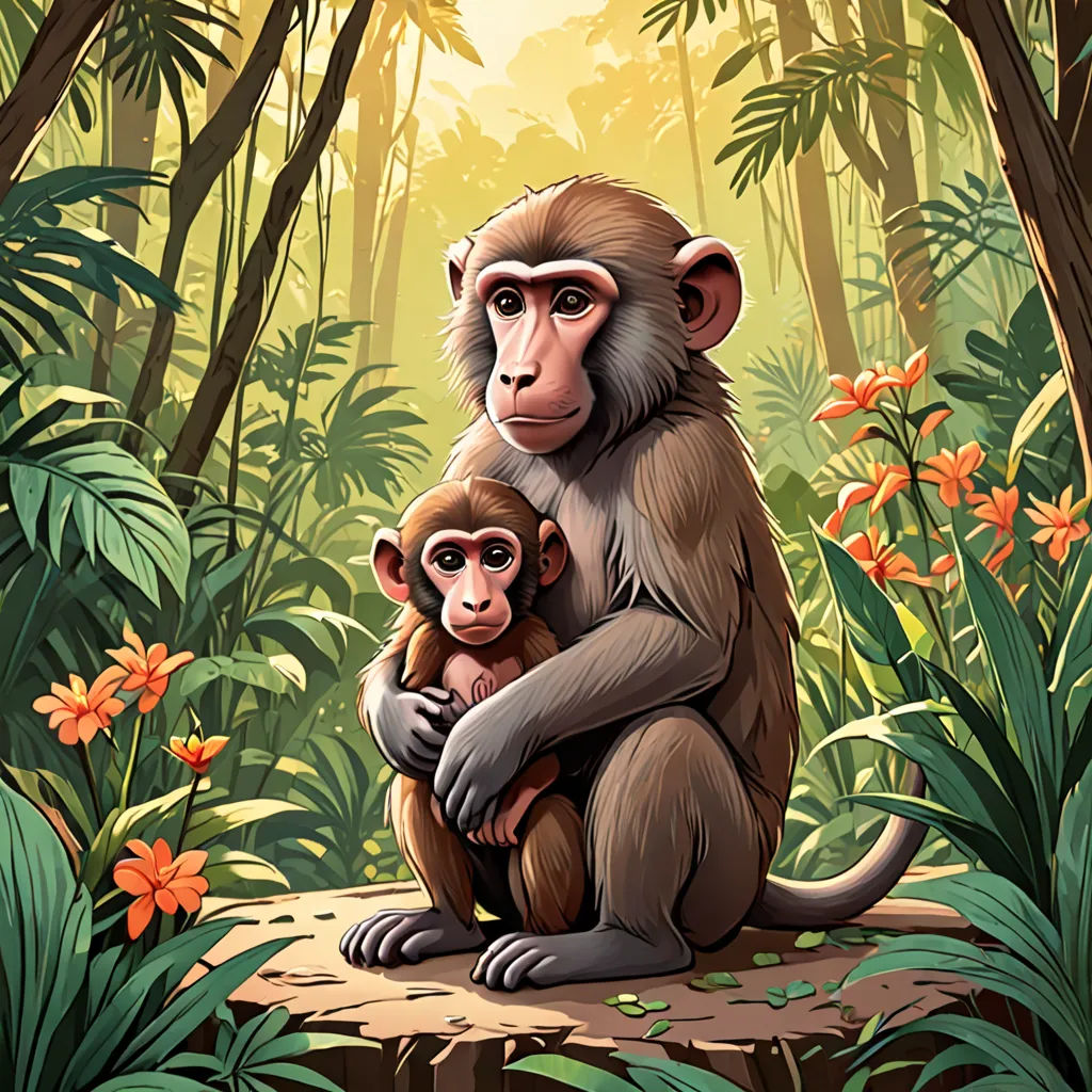 a monkey and a baby monkey in a jungle setting with flowers and trees around them, with a sunbeam in the background, primitivism, a storybook illustration, Diego Gisbert Llorens, jungle