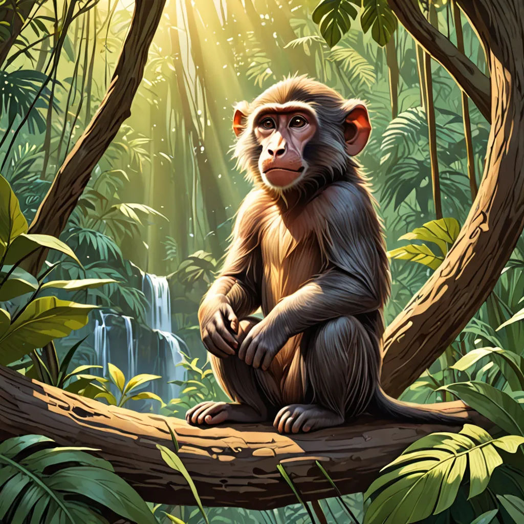 a monkey sitting on a tree branch in a jungle with a waterfall in the background and sunlight streaming through the trees, sumatraism, a character portrait, Chris LaBrooy, jungle