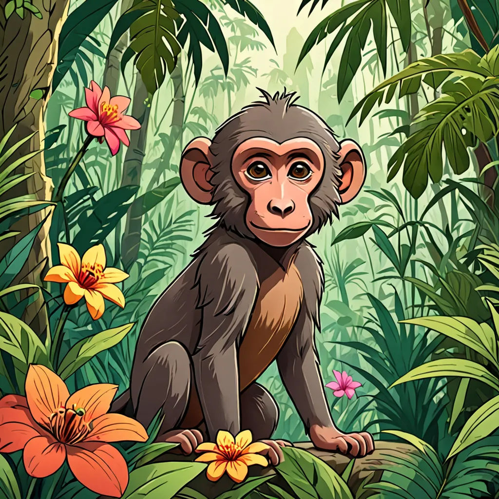 a monkey sitting on a tree branch in a jungle with flowers and plants around it, with a background of tropical plants and flowers, primitivism, a character portrait, Alex Petruk APe, jungle