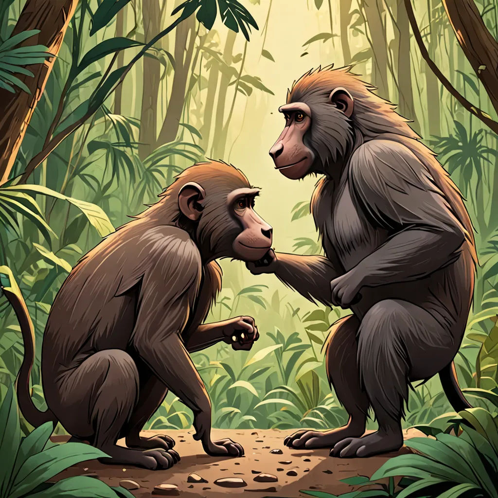 two monkeys standing on their hind legs in a jungle setting with trees and plants around them, facing each other, primitivism, a storybook illustration, Alex Petruk APe, official art