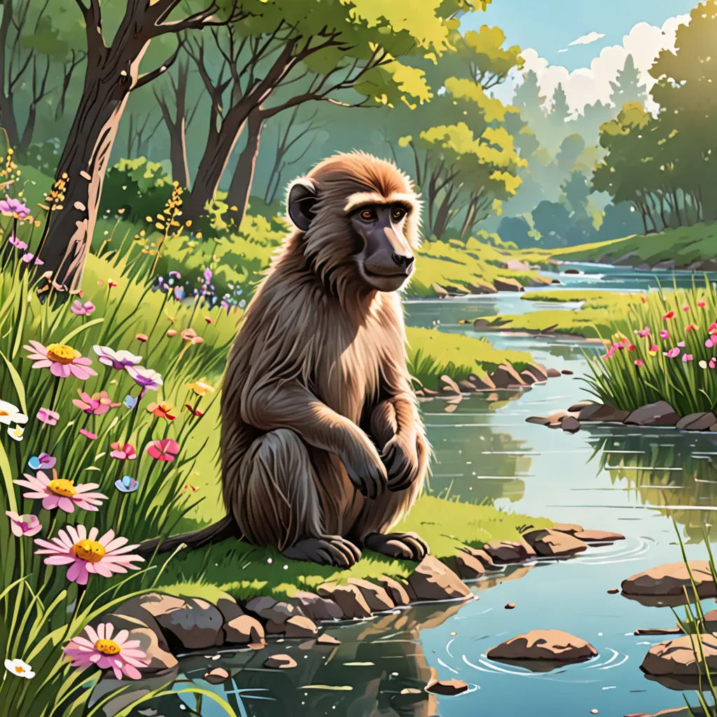 a monkey sitting on a rock next to a river and flowers in the grass and trees, with a stream running through it, naturalism, a storybook illustration, Chris LaBrooy, nature