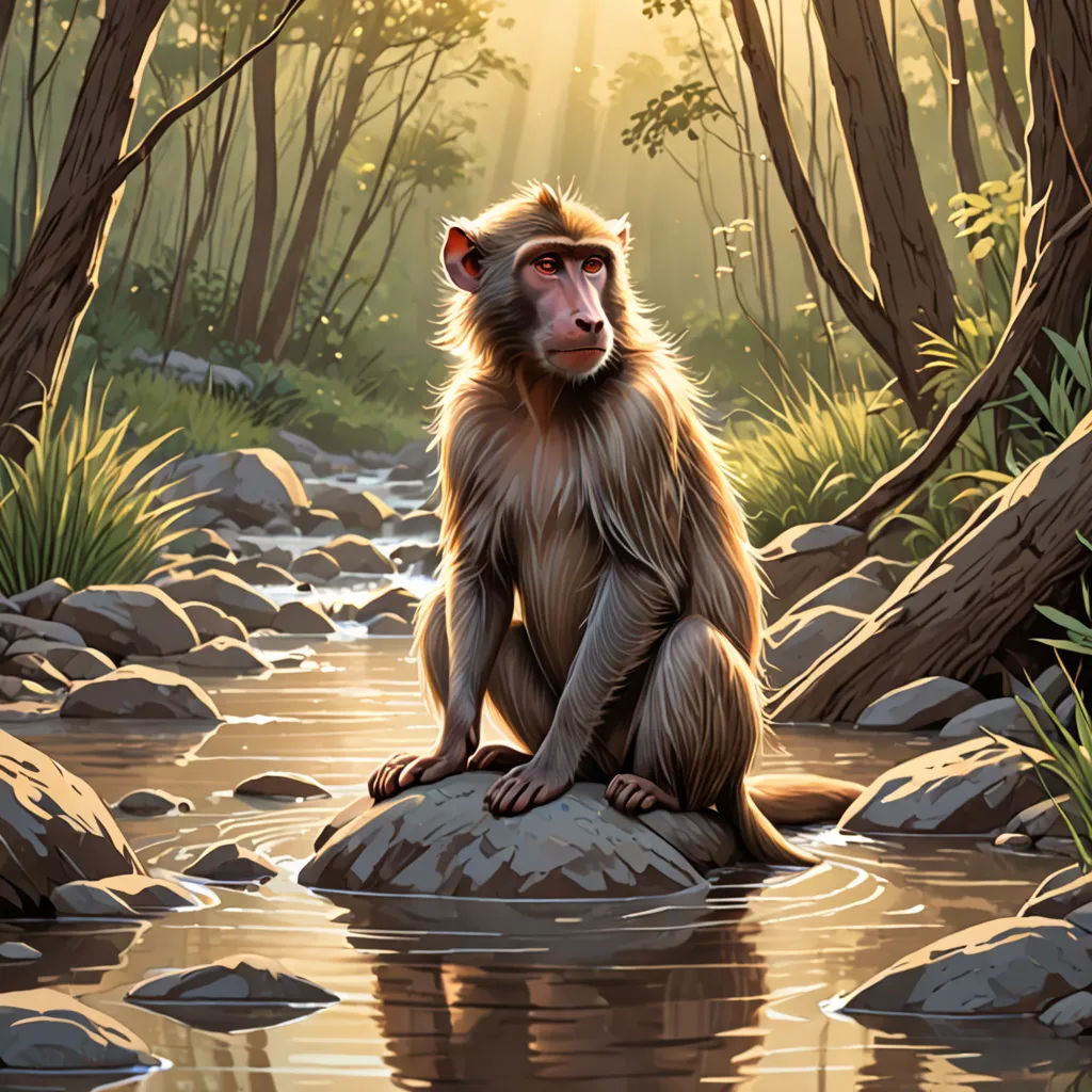 a monkey sitting on a rock in a river surrounded by trees and rocks, with the sun shining through the trees, furry art, a storybook illustration, Dan Mumford, official art