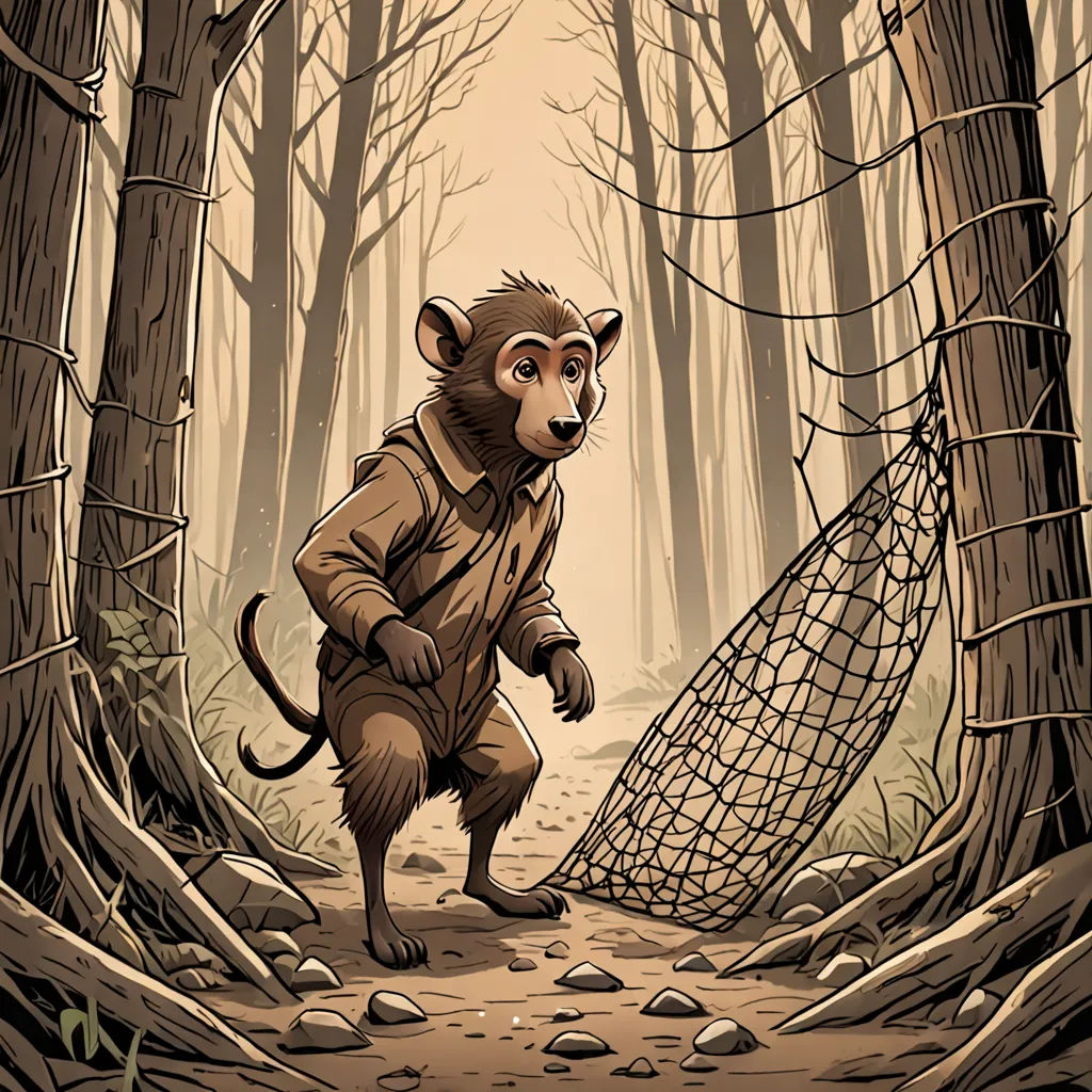 a cartoon of a mouse in a forest with a net in its mouth and a mouse in the woods, sots art, a storybook illustration, Diego Gisbert Llorens, comic cover art