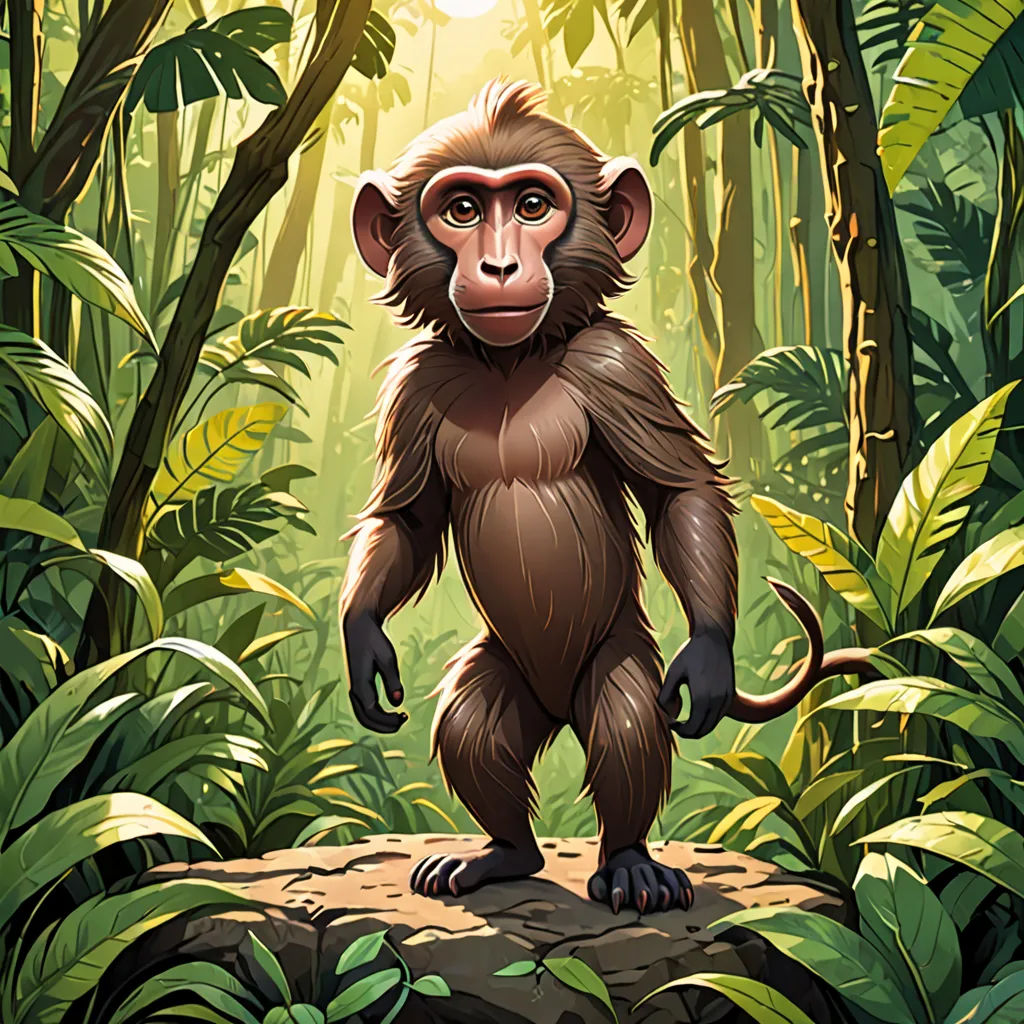 a monkey standing on a rock in a jungle with a bright light shining on it's face and back, primitivism, a character portrait, Alex Petruk APe, jungle