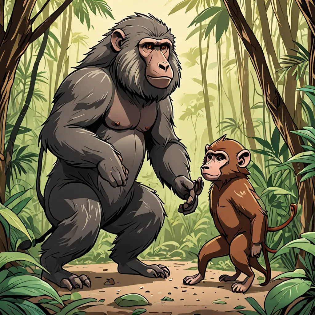 a monkey and a monkey standing in the jungle together, facing each other, with a background of trees and foliage, sumatraism, a storybook illustration, Alex Petruk APe, 2 d game art