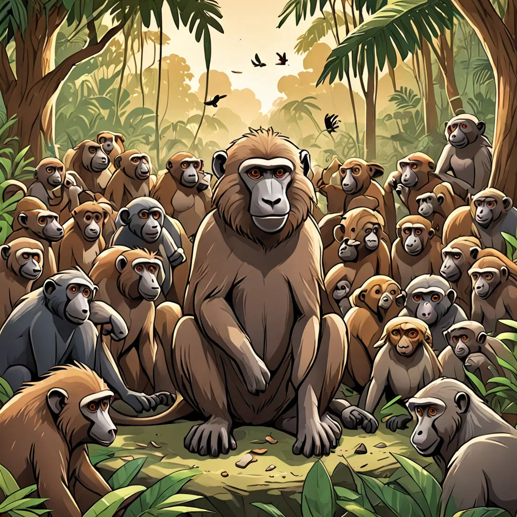 a group of monkeys sitting in the middle of a forest with birds flying overhead and a bird flying overhead, sumatraism, an illustration of, Alex Petruk APe, comic cover art