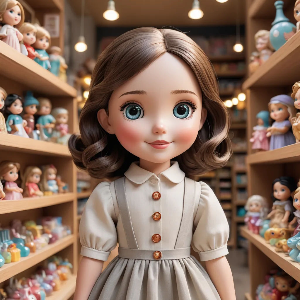 a doll is standing in front of a shelf of dolls and other toys in a store or shop,, arts and crafts movement, a character portrait, Clarice Beckett, girl