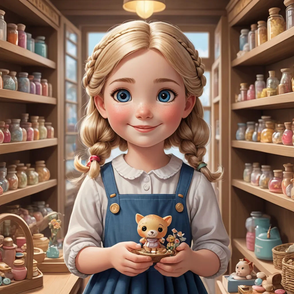 a cartoon girl holding a doll in a store with shelves full of dolls and other items in the background, sots art, a storybook illustration, Caroline Lucy Scott, cgstudio