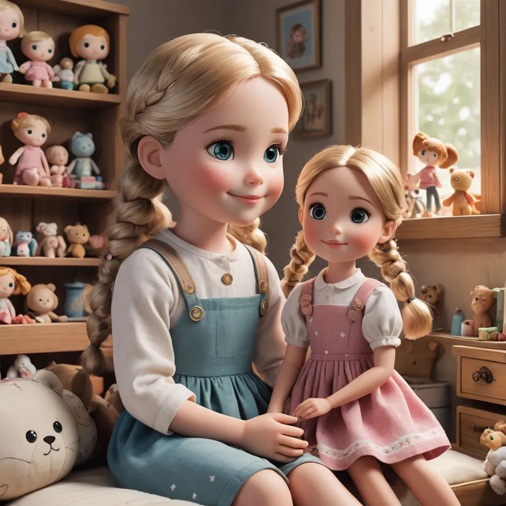 a couple of dolls sitting next to each other on a bed in a room with stuffed animals on the walls, photorealism, a storybook illustration, disney, cgstudio
