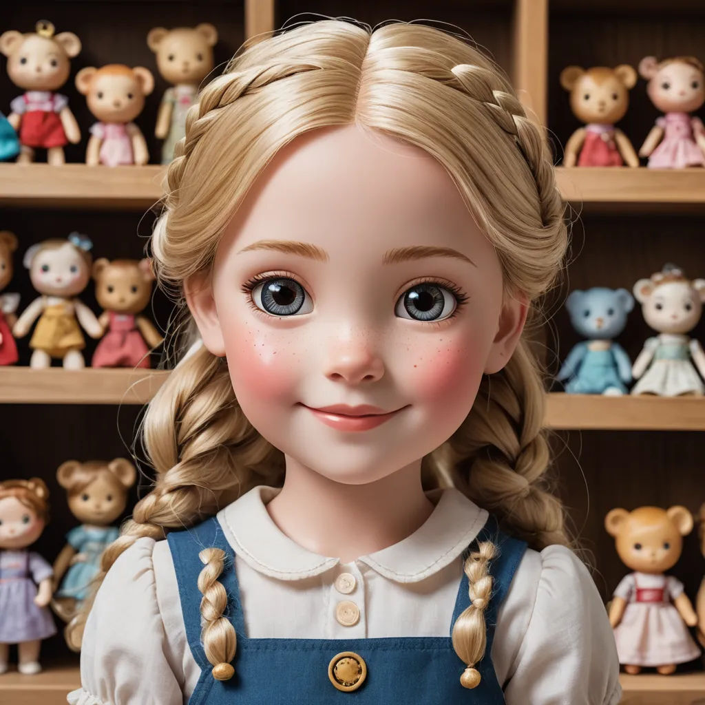 a doll with blonde hair and blue eyes stands in front of a shelf of teddy bears and other stuffed animals, rococo, an ultrafine detailed painting, Caroline Lucy Scott, cgstudio