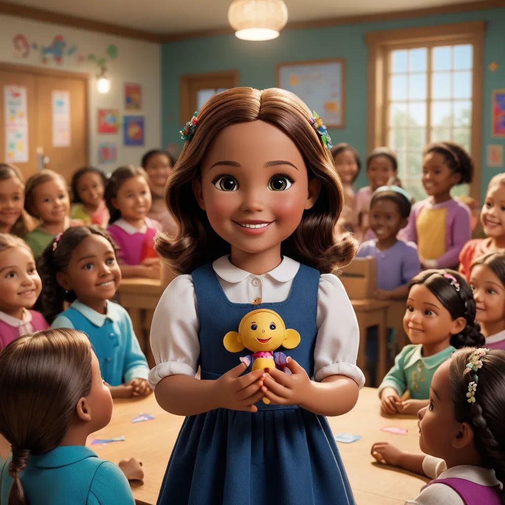 a girl in a school uniform holding a teddy bear in front of a group of children in a classroom, antipodeans, a stock photo, Ada Gladys Killins, promotional image
