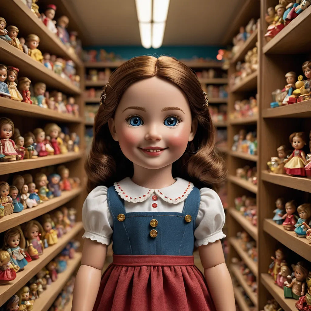 a doll is standing in a room full of dolls and shelves of dolls on shelves and shelves of dolls, photorealism, a character portrait, Betty Merken, promotional image