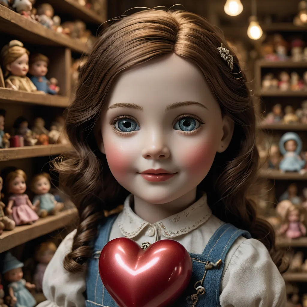 a doll with a heart in her hands in a store filled with dolls and dolls on shelves and shelves, gothic art, an ultrafine detailed painting, Dorothy Coke, high detail 8 k