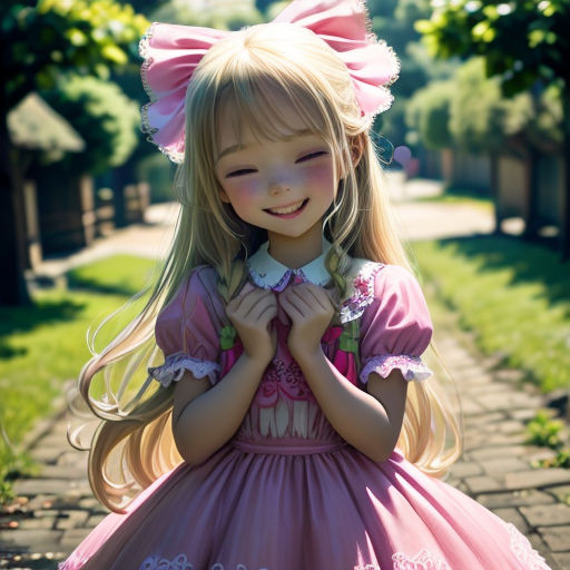 a little girl in a pink dress is smiling and holding her hands together while standing on a brick path