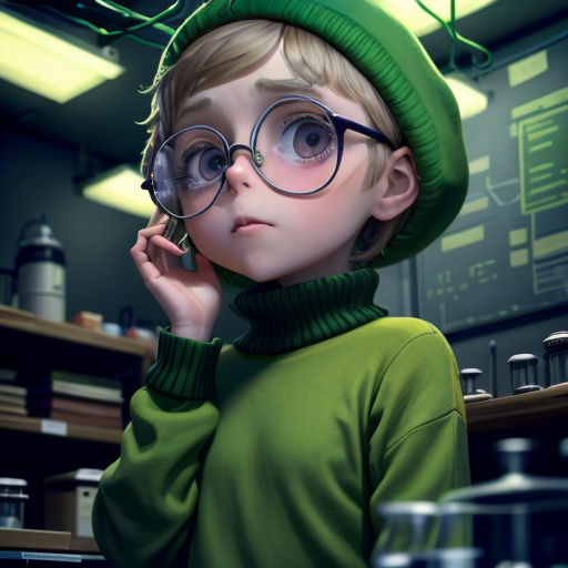 a young boy wearing glasses and a green hat looks at the camera while wearing a green sweater and green hat