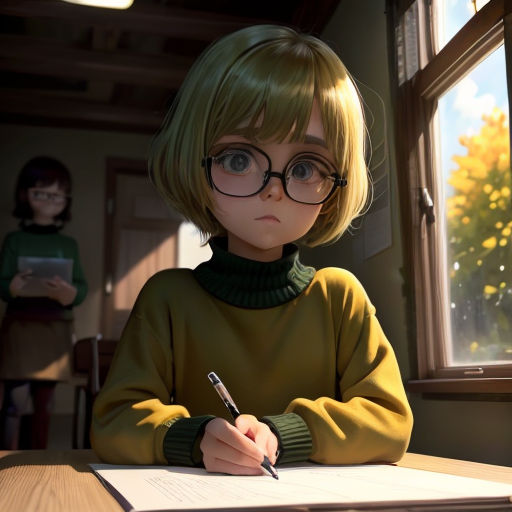a cartoon girl with glasses sitting at a desk writing on a piece of paper with a pen in her hand