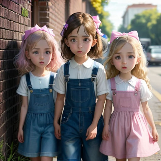 three little girls standing next to a brick wall wearing overalls and bow ties and pink hair bows,