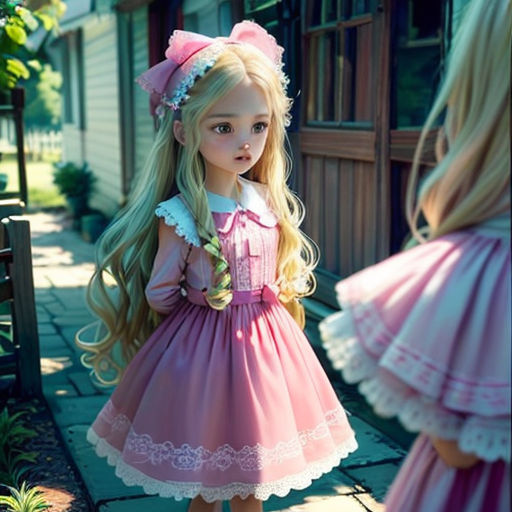 a doll is standing in front of a house with a girl in a dress and a doll is standing next to her