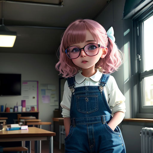 a doll with pink hair and glasses standing in a classroom with a desk and a window behind it,