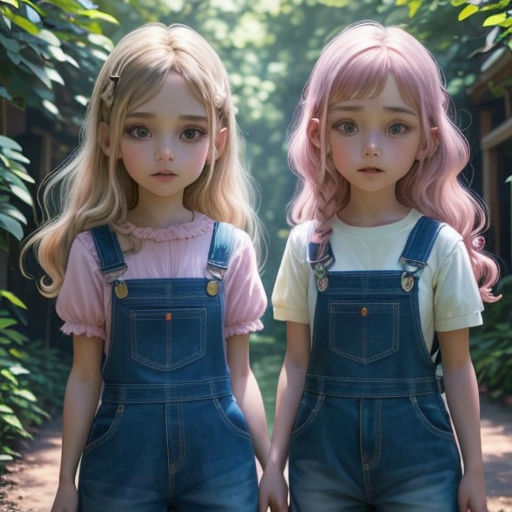 two little girls standing next to each other in the woods with pink hair and blue overalls on their faces