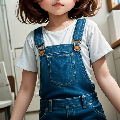 a girl with a short brown hair and blue overalls is standing in a kitchen with a white t - shirt