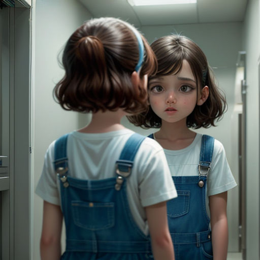 a young girl looking at another young girl in a hallway in a hospital setting with a light shining on her