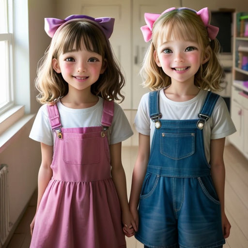 two little girls standing next to each other in a room with a window and a radiator in the background