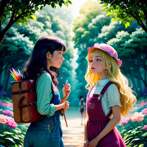 two girls are standing in a park with flowers and trees in the background, one is holding a backpack